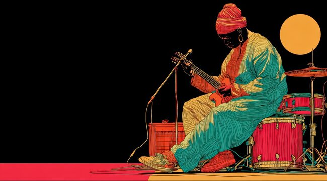 Man is playing a guitar in front of a microphone. He is wearing a turban and is sitting on a stool - Powered by Adobe