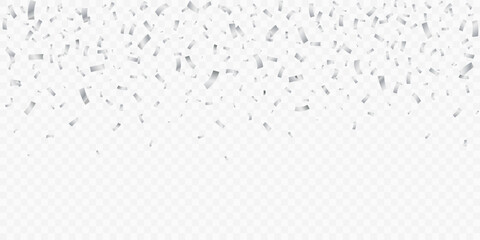 Festive background with falling silver rectangle confetti pieces on a transparent backdrop. Creates a decorative frame for event, holiday, party, and luxury banner design