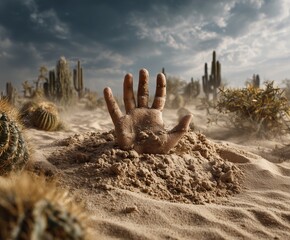 A hand emerges desperately from dry sand, symbolizing survival and hopelessness in a barren wasteland. The image evokes urgency, isolation, and dramatic tension.
