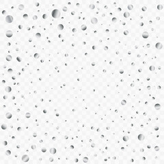 Abstract background with falling silver confetti circles of various sizes on a transparent backdrop. Ideal for luxury holiday, party, birthday, and celebration design templates.