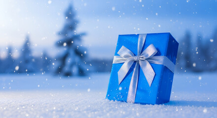 Blue Christmas gift box with silver ribbon standing in snow under falling snowflakes. Winter holiday background symbolizing celebration, surprise, and festive season joy in cold frosty weather.
