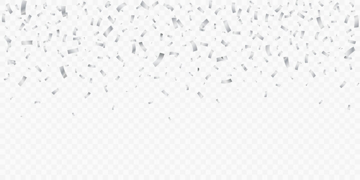 Festive background with falling silver rectangle confetti pieces on a transparent backdrop. Creates a decorative frame for event, holiday, party, and luxury banner design