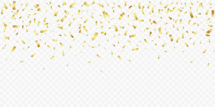 Festive background with falling golden rectangle confetti pieces on a transparent backdrop. Creates a decorative frame for event, holiday, party, and luxury banner design