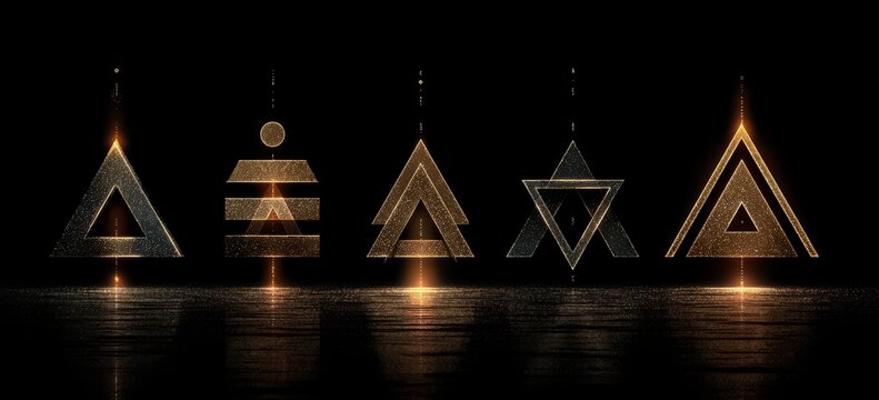 Series of geometric shapes are lit up in the dark. The shapes are triangles and squares. Scene is one of mystery
