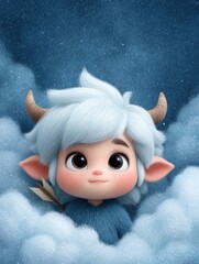 Cute mythical creature emerges from fluffy clouds in a magical scene