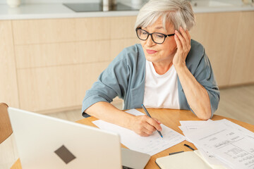 Middle aged senior woman using laptop computer writing notes at home. Focused mature old businesswoman work in home office making written records doing online work. Mature boss professional worker