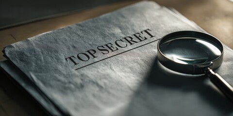 A magnifying glass hovers over a "TOP SECRET" file, casting dramatic shadows. The image conveys mystery, espionage, and classified intrigue.