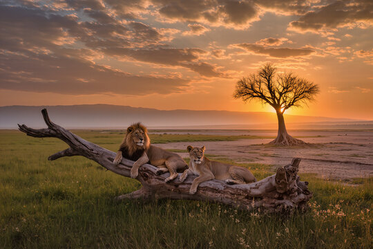 Majestic lions resting on a fallen tree at sunset in African savannah, dramatic golden sky and lonely acacia tree in background.