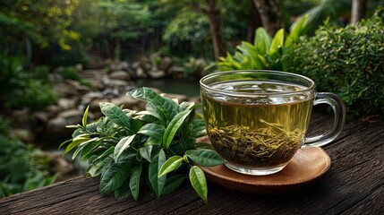 A steaming cup of tea sits beside fresh sage leaves on a rustic wooden table in a lush garden. The image conveys relaxation, nature, and herbal tranquility.
