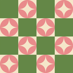 Geometric seamless pattern with pink floral circles on a green and cream grid, creating a balanced, modern, and nature-inspired design.