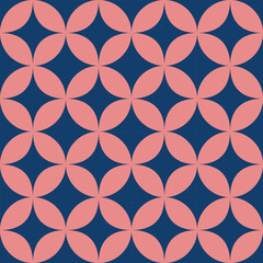 Seamless geometric pattern with interlocking pink petal shapes on a deep navy background, creating an elegant, modern, and harmonious design.