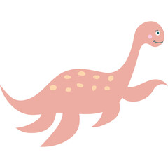 Pink plesiosaurus cartoon with yellow spots and a smiling face in a transparent background