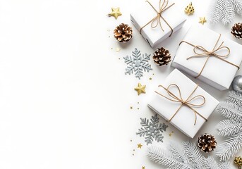 Festive christmas presents wrapped in white paper with rustic twine and surrounded by sparkling snowflakes pine cones and golden stars isolated on white background