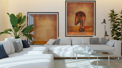 Fototapeta premium Large luxury modern bright interiors Living room mockup illustration 3D rendering image