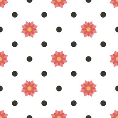 Playful white seamless pattern with pink poinsettia flowers, yellow centers, and scattered black polka dots, creating a cheerful and festive design.