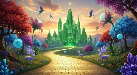 Naklejka premium Emerald city fantasy landscape with vibrant trees and magical creatures
