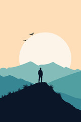 Silhouette of a man standing on a mountain peak at sunrise, symbolizing freedom, achievement, and reflection. Minimalist landscape with birds and soft pastel tones.