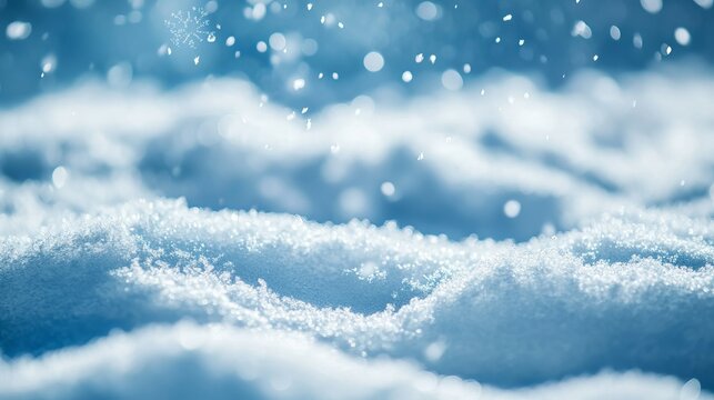 Gentle snowfall blankets the pristine landscape, creating a serene and magical winter wonderland of sparkling ice crystals and soft bokeh