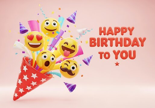 Explosion of happy birthday emojis and party elements bursting from a confetti cone isolated on white background