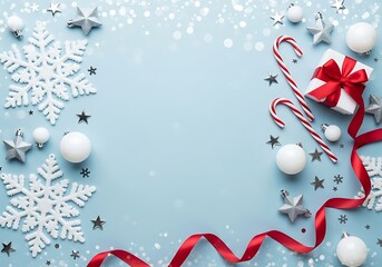 Festive christmas holiday decorations including snowflakes candy canes gift box and ribbon arranged on a light blue surface isolated on white background