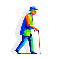 Fototapeta premium Senior man walking with a cane in colorful, geometric illustration 