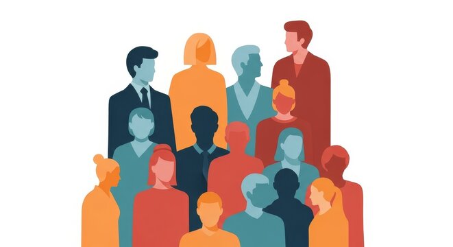 Diverse group of business people standing together in a modern flat graphic illustration style.