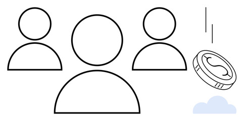 Three user figures and a falling coin suggest financial collaboration and group effort. Ideal for teamwork, fundraising, decision-making, leadership, resource sharing, financial planning, simple flat