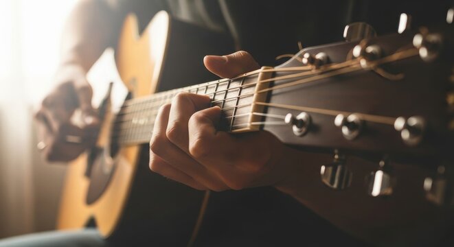 Close-up of a musicians hand fretting chords on the neck of a wooden acoustic guitar, backlit by a soft window light.