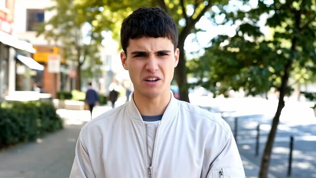Young Male Caucasian Showing Confusion on City Street