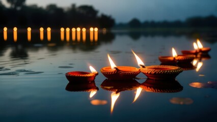 Floating earthen lamps illuminate serene water at dusk, with blurred lights in the background