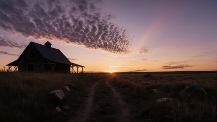 Rustic barn silhouetted against a vibrant sunset, dirt path leading towards the horizon