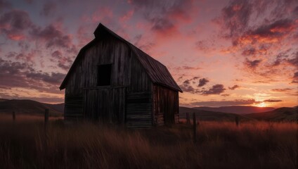 Old weathered wooden barn silhouetted against a vibrant sunset, with rolling hills in the background