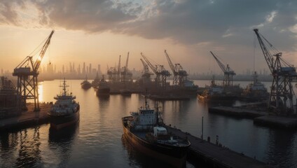 Harbor scene at sunset, with cranes, ships, and a distant cityscape under a hazy sky
