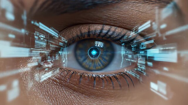 Futuristic eye design radiates blue light, capturing the essence of innovation, technology, and forward thinking in various contexts, such as futuristic landscapes, sci fi narratives.