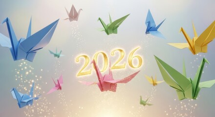 Colorful origami cranes gracefully float around glowing numbers signifying the year 2026