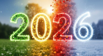 Vibrant 2026 year displayed with fiery colors transitioning through seasons