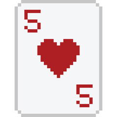 Pixel Art Five of Hearts Playing Card Isolated on White Background with Simple Red Heart Symbol and Number Five