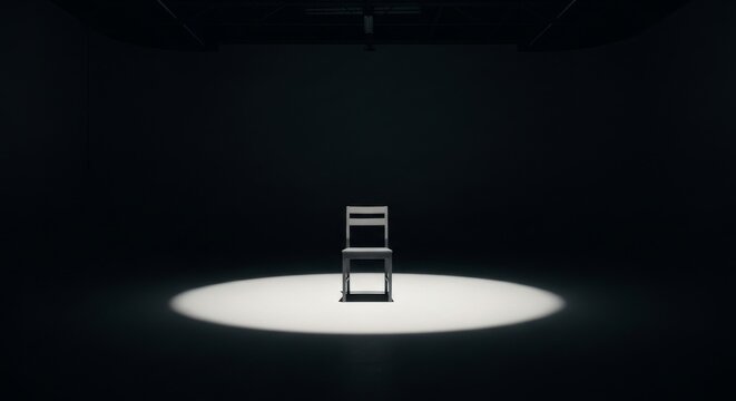 Simple wooden chair illuminated by a single white spotlight beam in a completely dark, empty studio room.