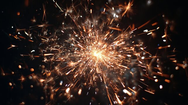 Exploding sparkler creates dazzling display of bright fiery sparks and glowing bokeh against a dark background for festive celebrations