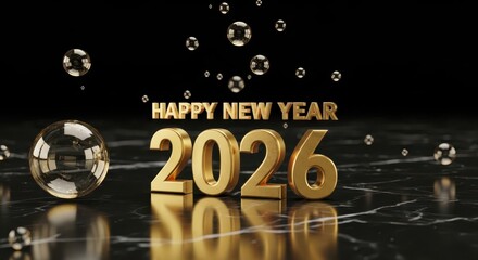 Golden 2026 numerals and happy new year text with reflective surfaces and floating bubbles