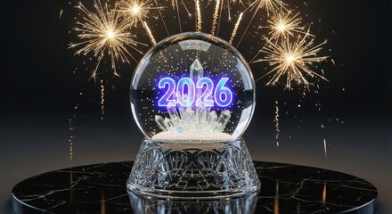 Glowing 2026 numbers inside a crystal snow globe with fireworks celebrating the new year