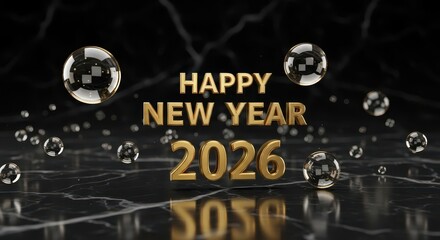 Elegant golden happy new year 2026 greeting with reflective bubbles and dark marble background