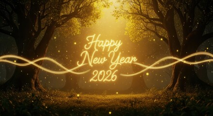 Magical golden forest glow illuminates happy new year 2026 celebration with twinkling lights