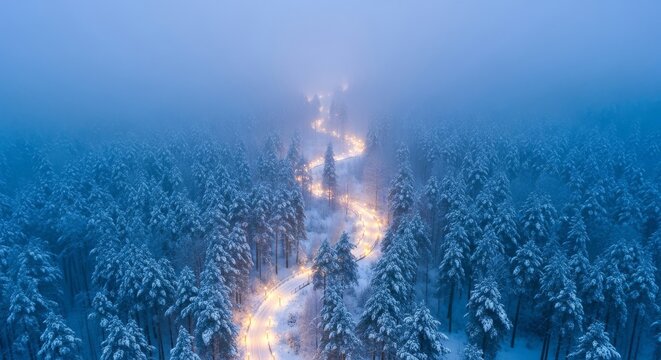 Aerial view of a winding road through a dense, snowy winter forest illuminated by warm streetlights at night or twilight. - Powered by Adobe