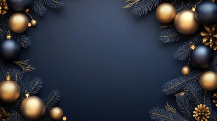 Elegant dark blue and gold Christmas ornaments frame a deep navy background creating a sophisticated festive invitation or holiday greeting card space.