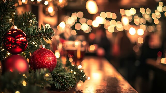 Cozy Christmas bar scene with glowing bokeh lights and festive tree decorations, creating a warm and inviting holiday atmosphere for celebrations.