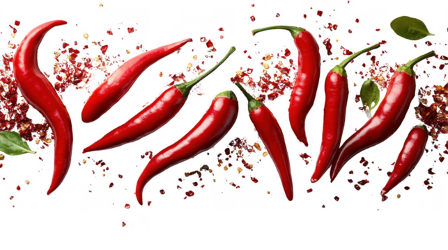 Flying falling red chili peppers isolated on transparent or white background