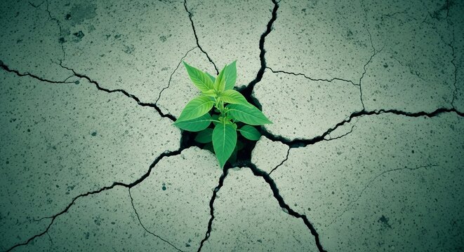 Bright green plant sprout growing strongly from a deep crack in rough concrete pavement.