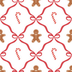 Seamless repeating pattern with candy cane, red bows, and cute gingerbread men.