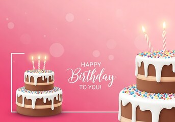 Two delicious tiered birthday cakes with lit candles and sprinkles on a pink background isolated on white background